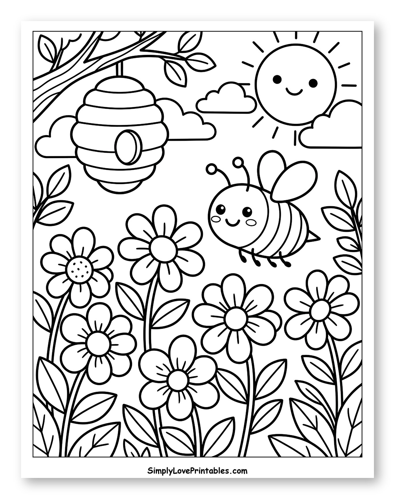 Happy Bee, Beehive, Sun, and Blooming Flowers