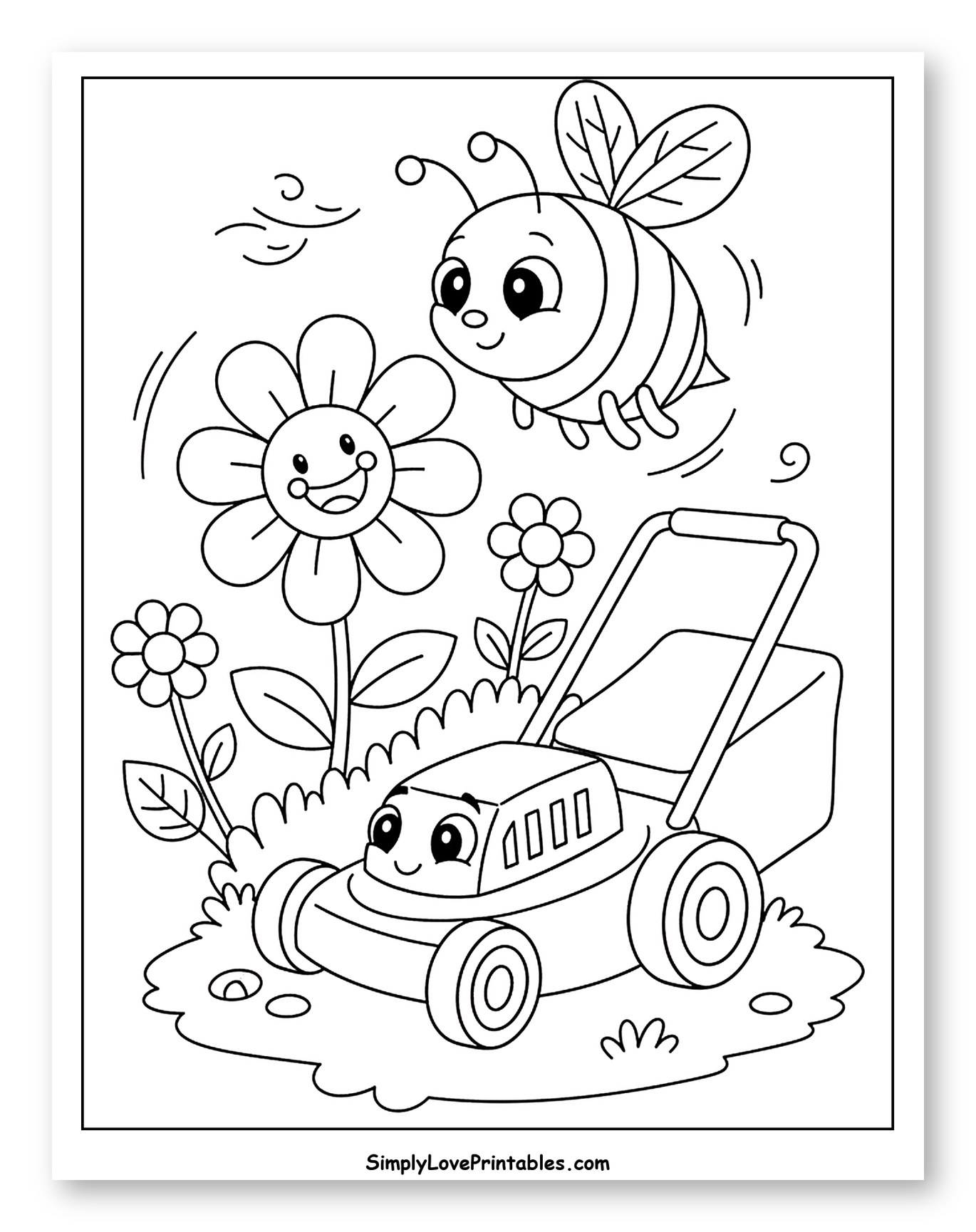 Happy Bee, Flower, and Lawn Mower Scene to Color for Kids