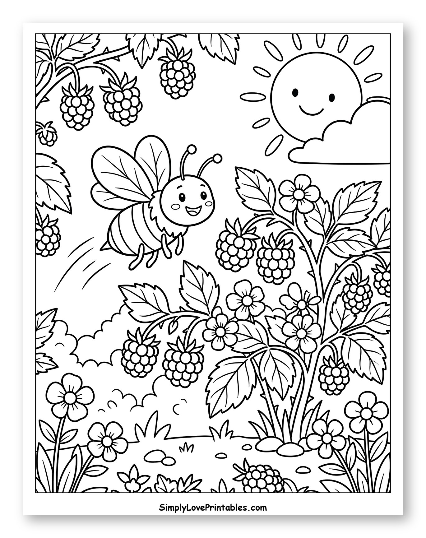 Happy Bee Flying Among Raspberry Bushes