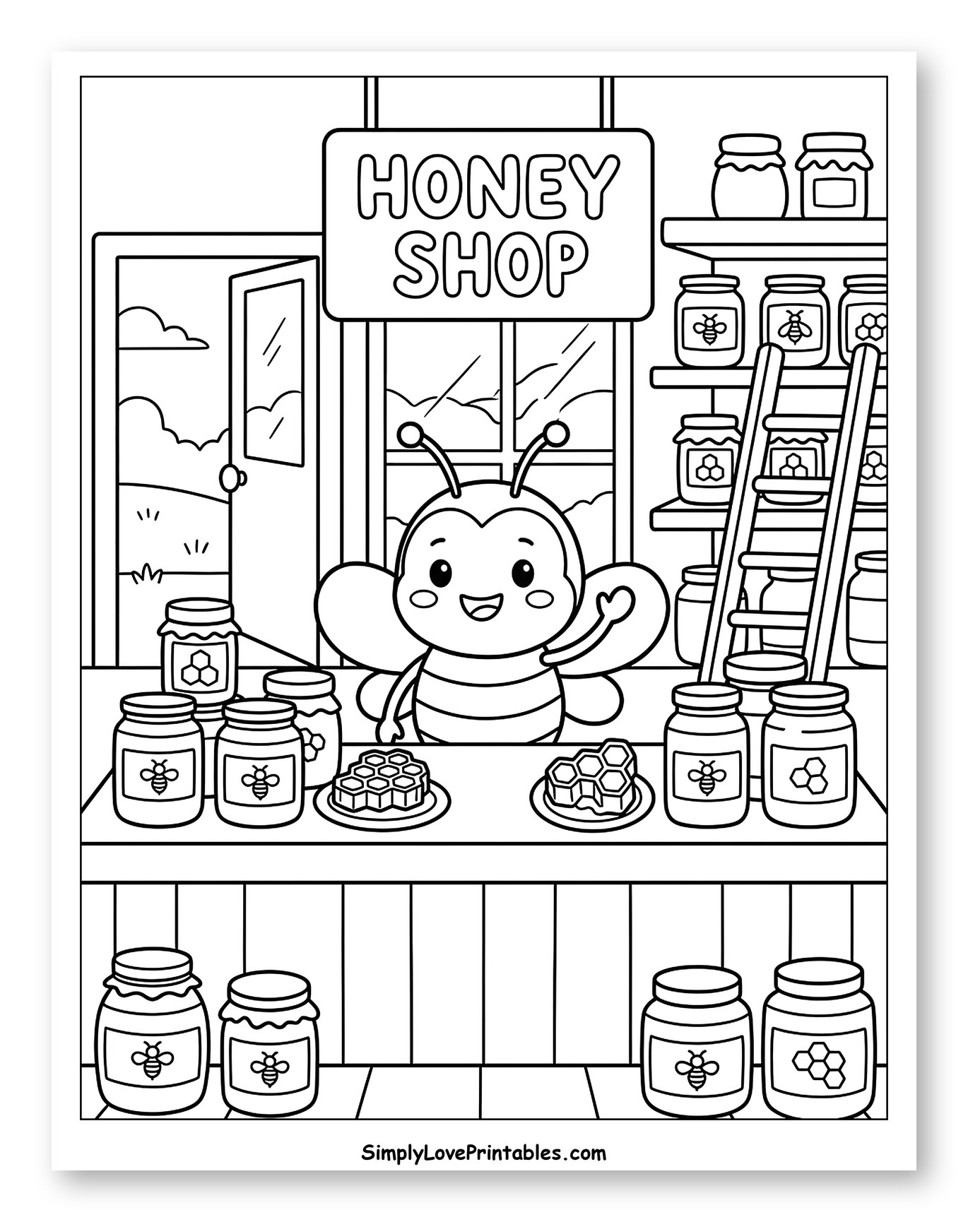 Happy Bee in a Honey Shop to Color for Kids