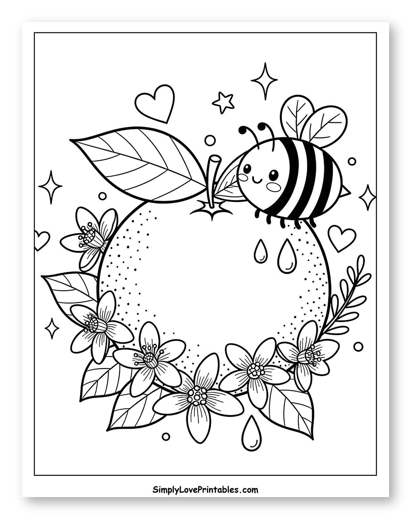Happy Bee on Orange Fruit with Blossoms Coloring Sheet for Adults