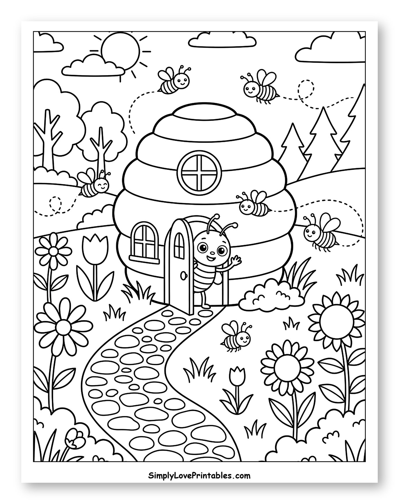 Happy Bee Waving from a Beehive House Coloring Sheet for Kids