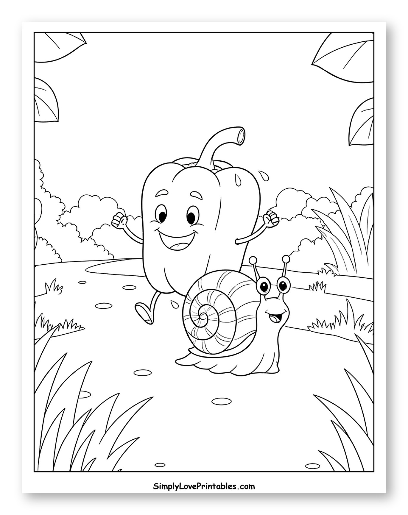 Happy Bell Pepper and Snail Racing to Color for Kids