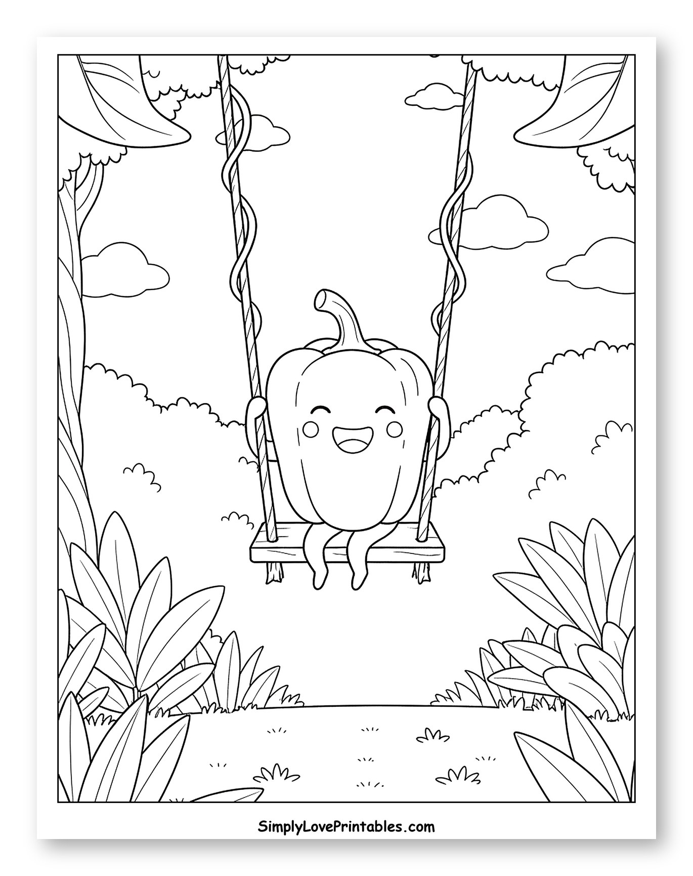 Happy Bell Pepper Swinging in a Jungle to Color for Kids