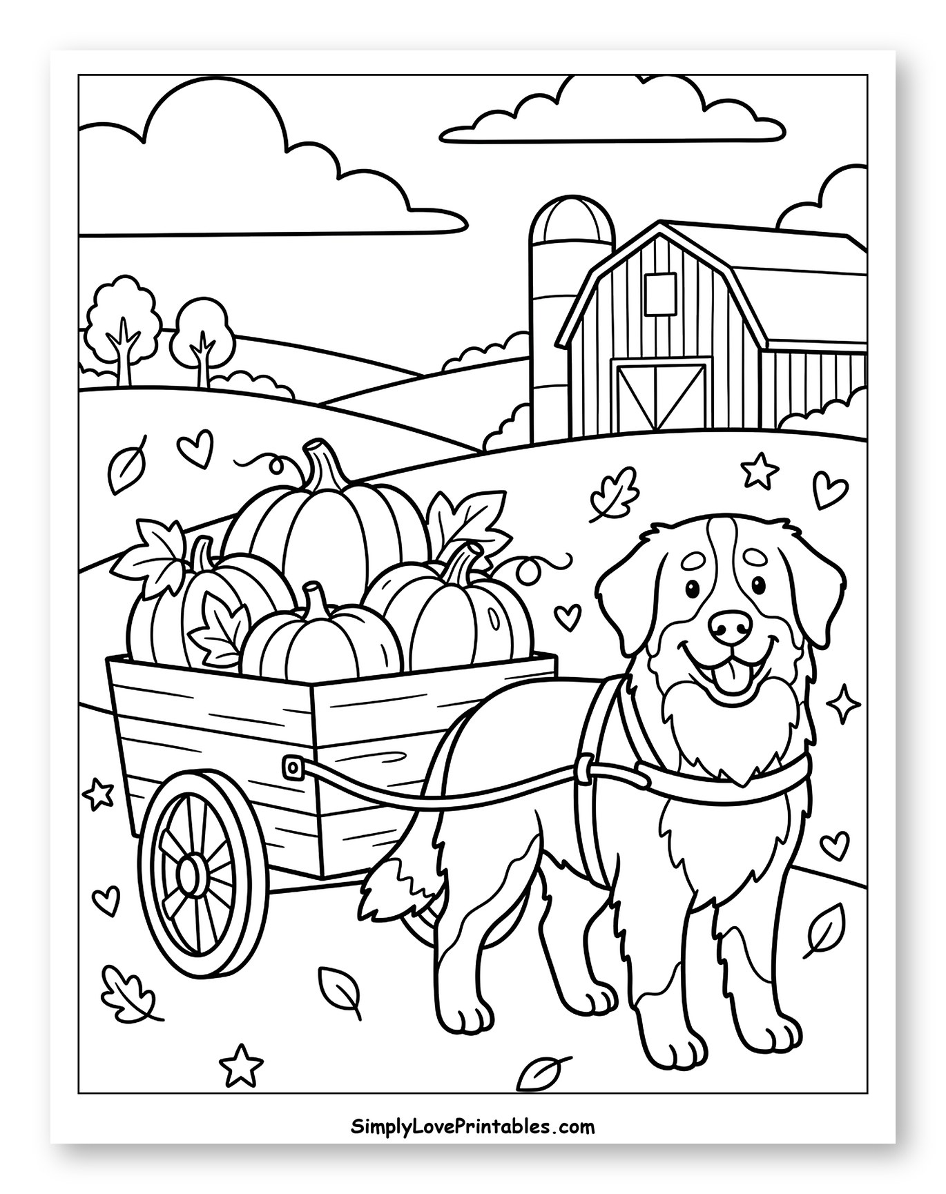 Happy Bernese Dog Pulling Pumpkin Cart on Farm