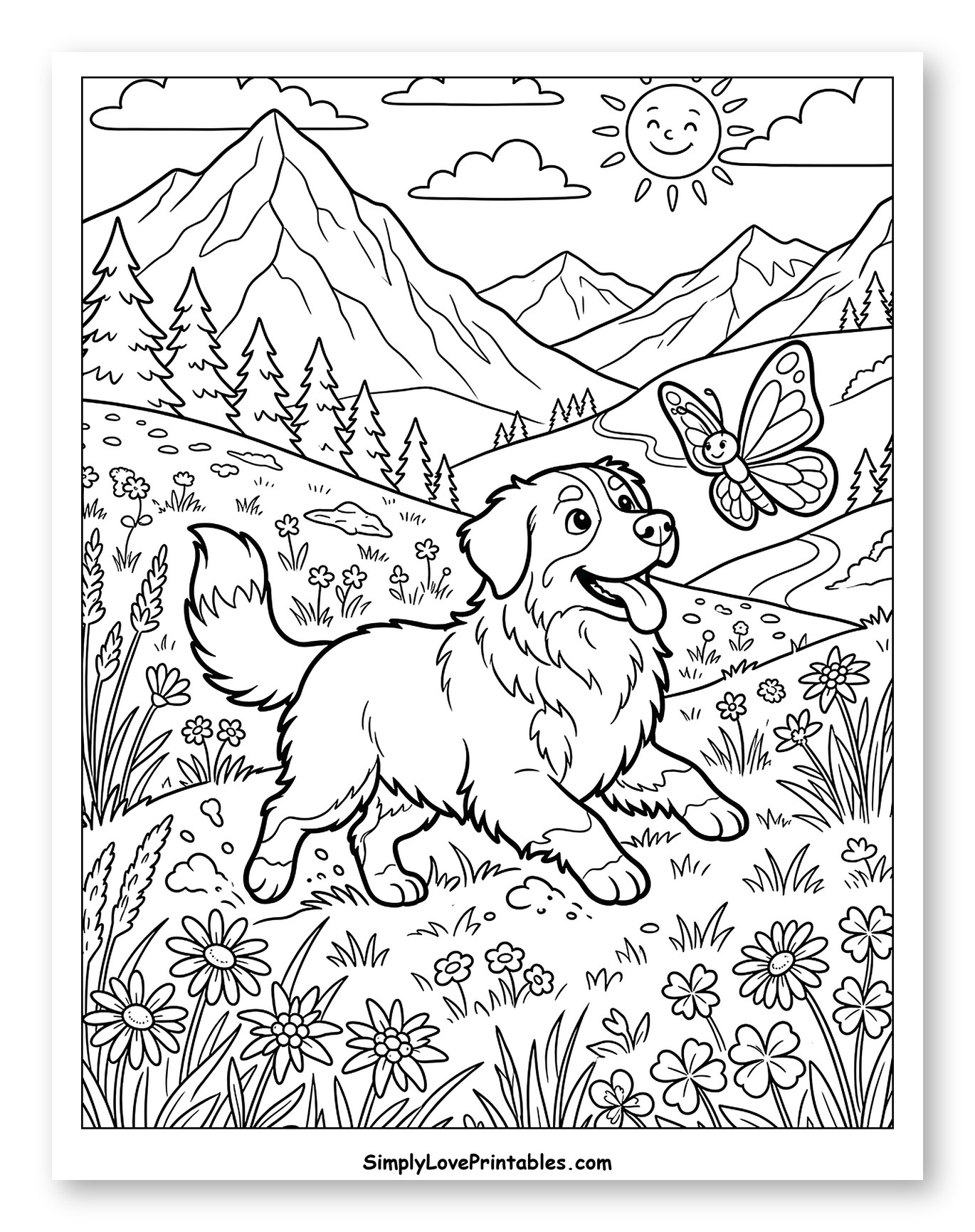 Happy Bernese Mountain Dog Chasing Butterfly in Meadow
