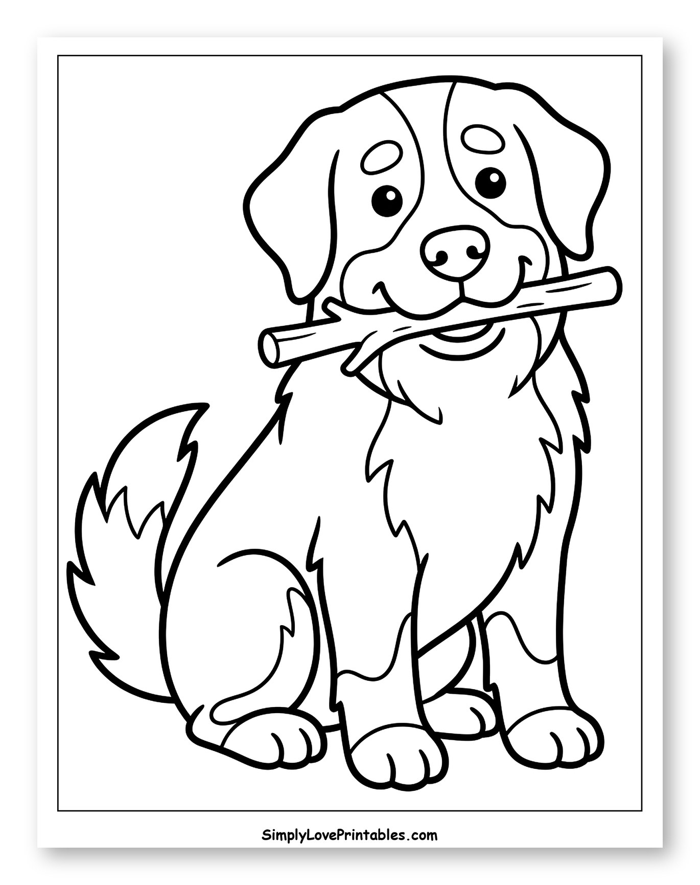 Happy Bernese Mountain Dog Holding a Stick Coloring Sheet for Toddlers