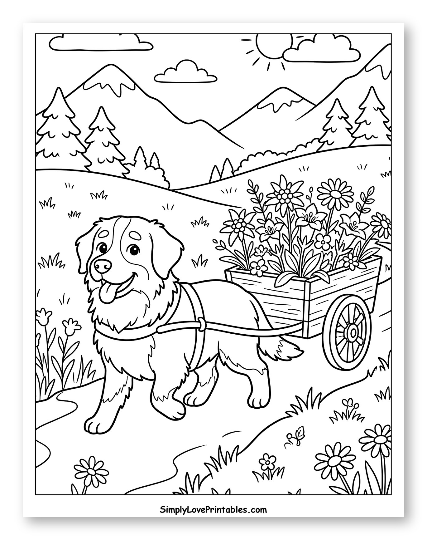 Happy Bernese Mountain Dog Pulling Flower Cart Coloring Page for Kids