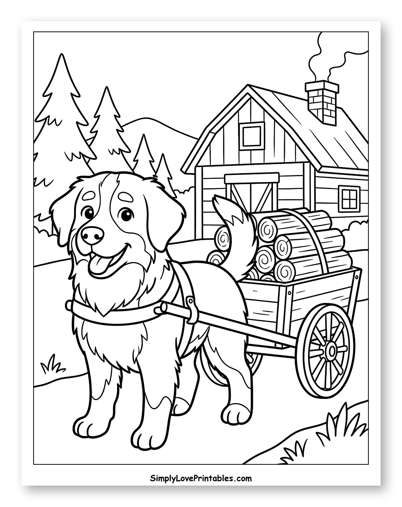 Happy Bernese Mountain Dog Pulling Logs Home Coloring Sheet for Kids