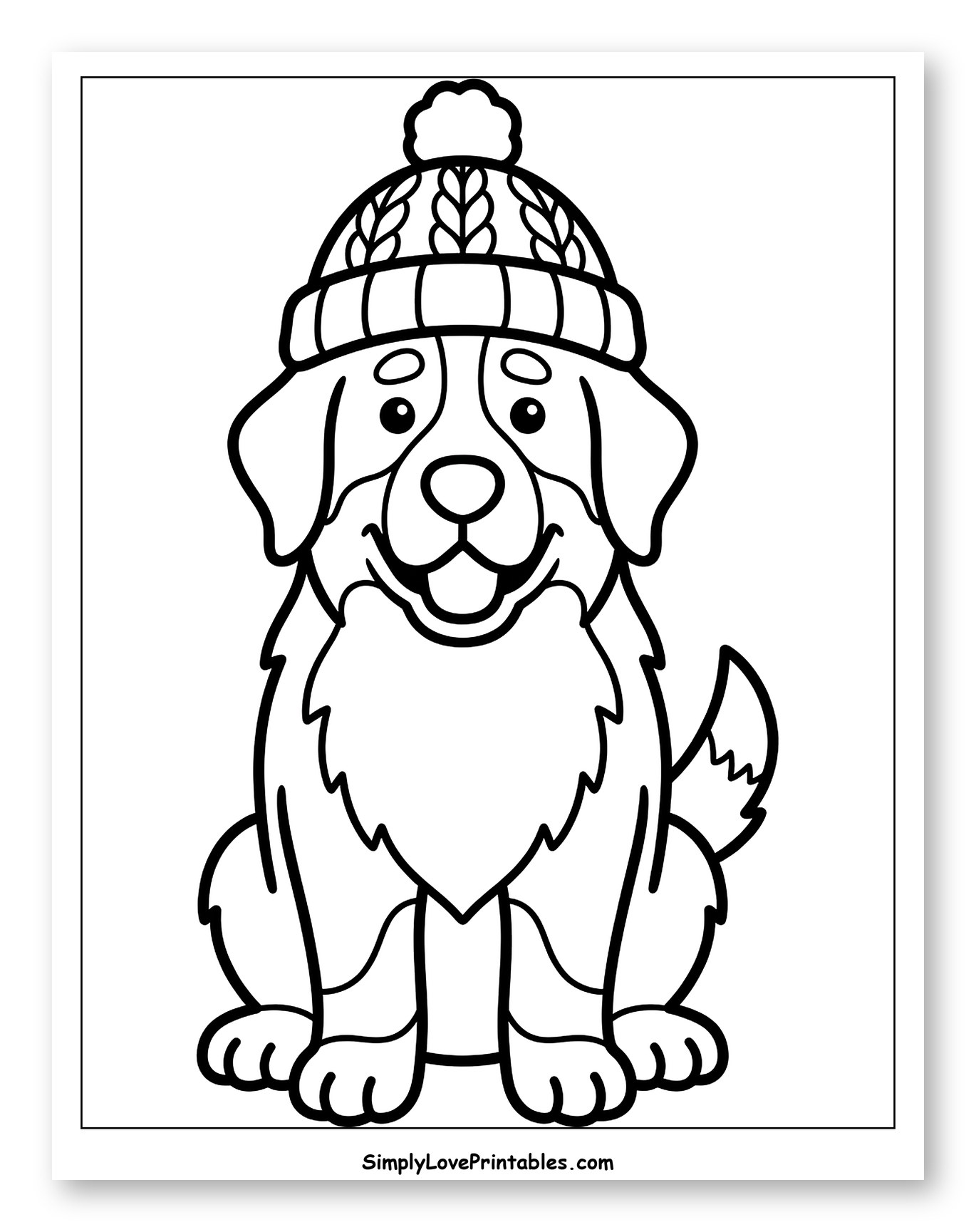 Happy Bernese Mountain Dog Wearing a Winter Hat Coloring Sheet for Toddlers