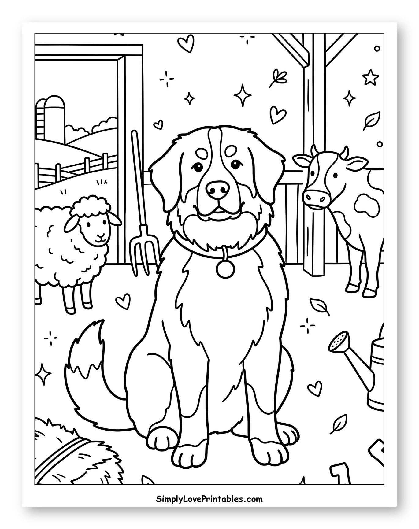 Happy Bernese Mountain Dog with Farm Animals
