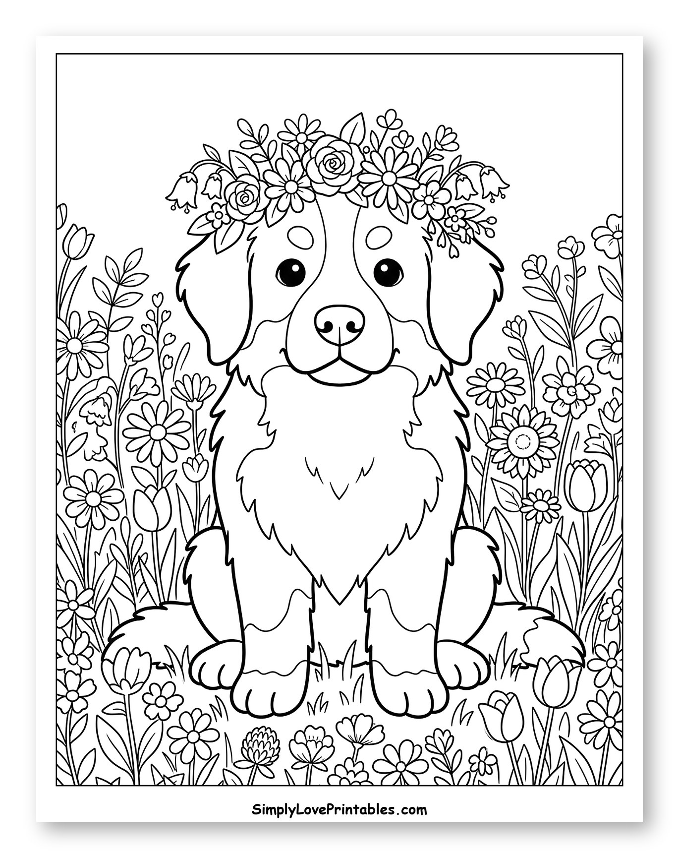 Happy Bernese Mountain Dog with Flower Crown Coloring Page for Kids