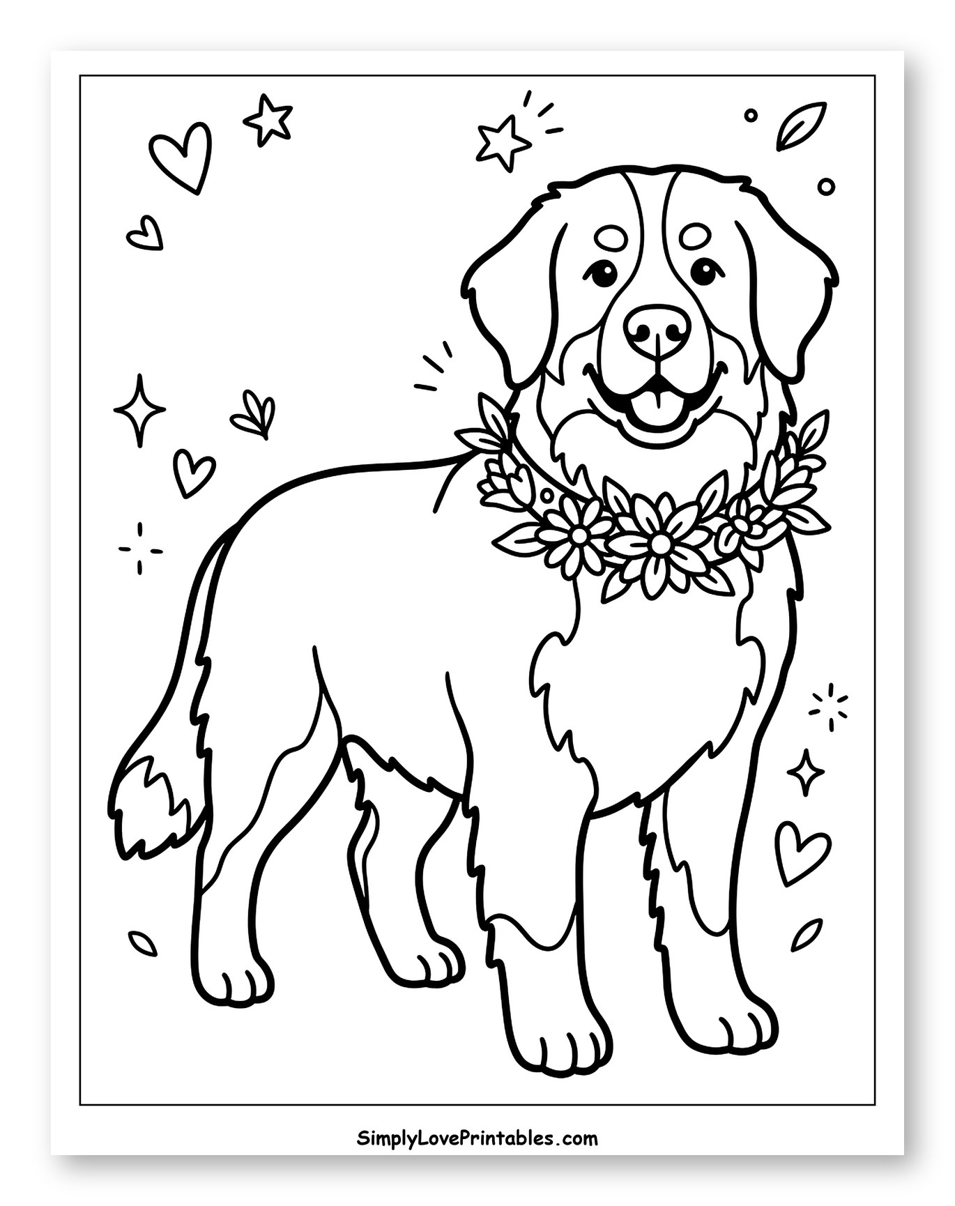 Happy Bernese Mountain Dog with Flower Wreath Coloring Sheet for Adults