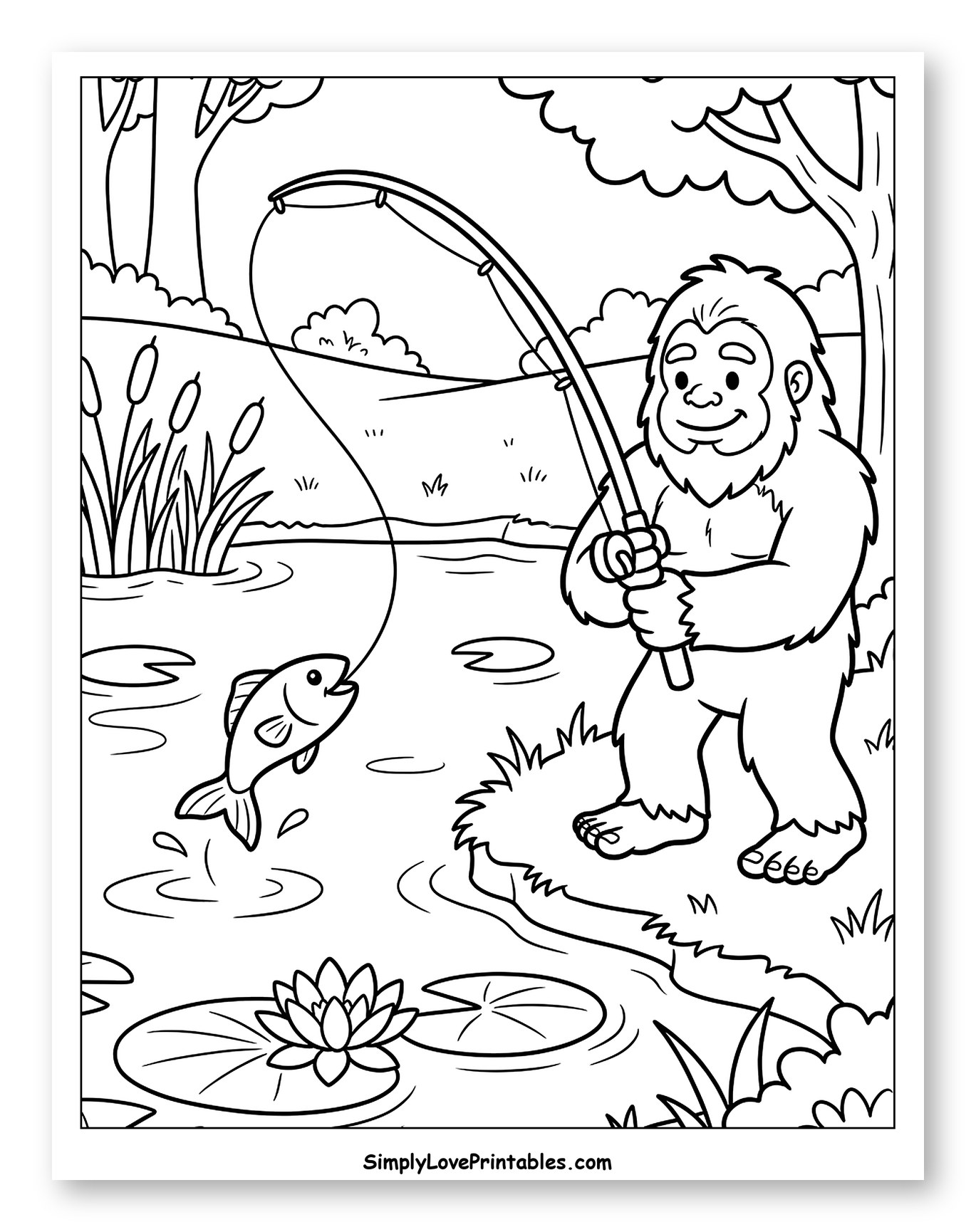 Happy Bigfoot Catching a Fish Coloring Page for Kids