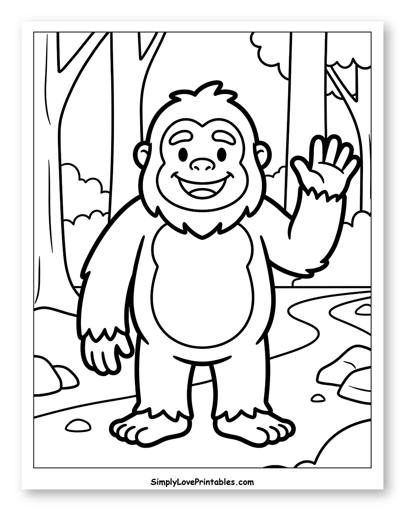 Happy Bigfoot Waving in the Forest