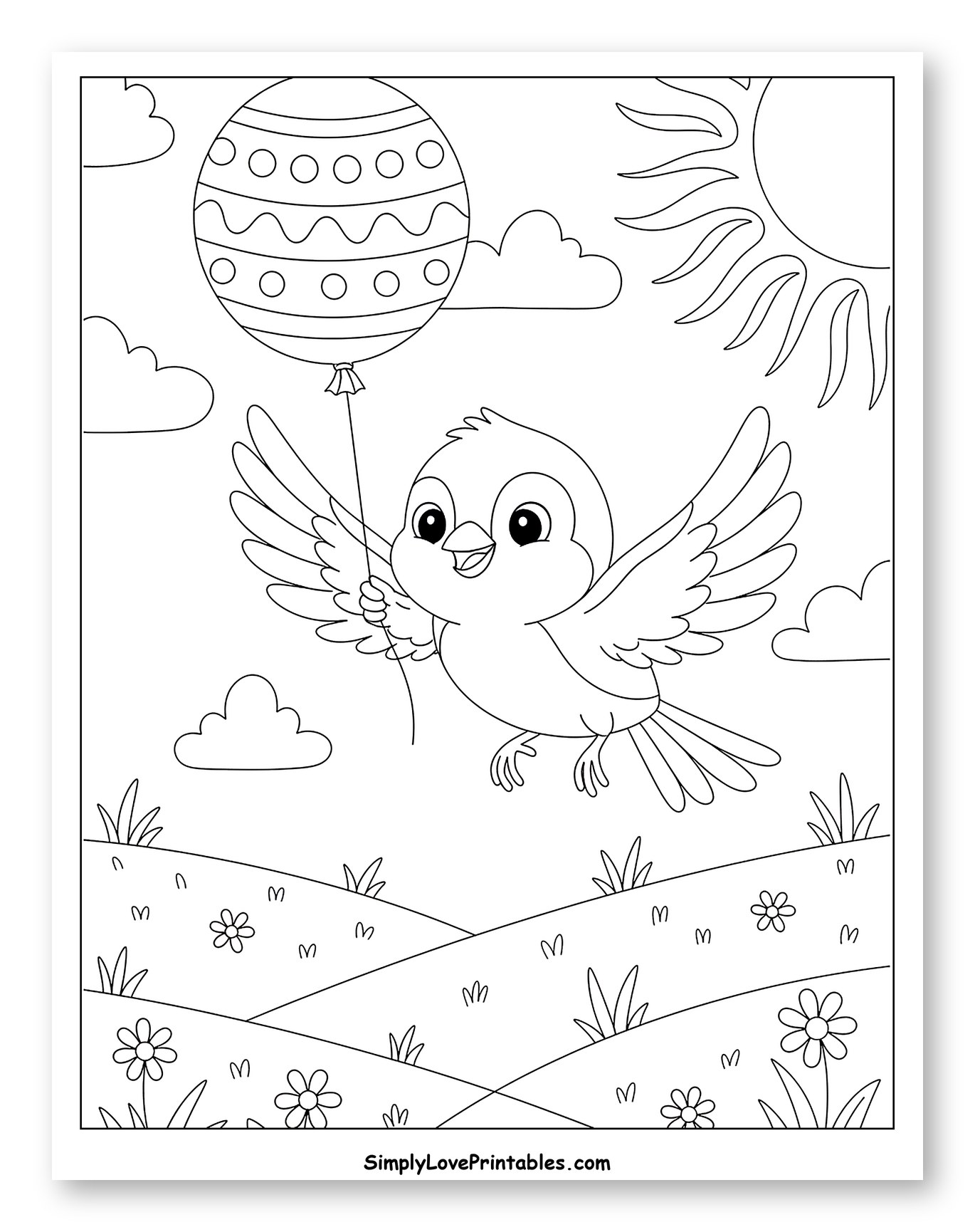 Happy Bird Carrying Easter Egg Balloon Coloring Page for Kids