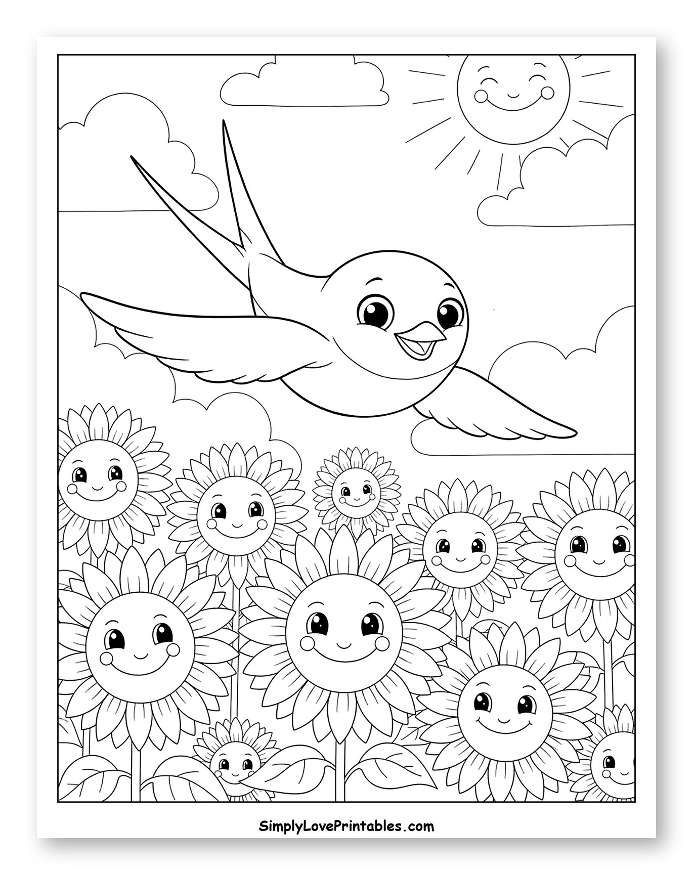 Happy Bird Flying Over a Field of Sunflowers Coloring Page for Kids