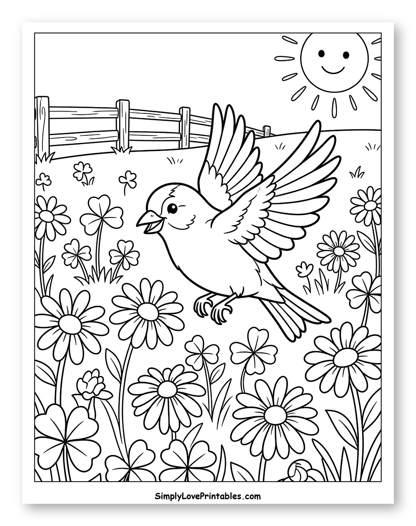 Happy Bird Flying Over a Flowery Field