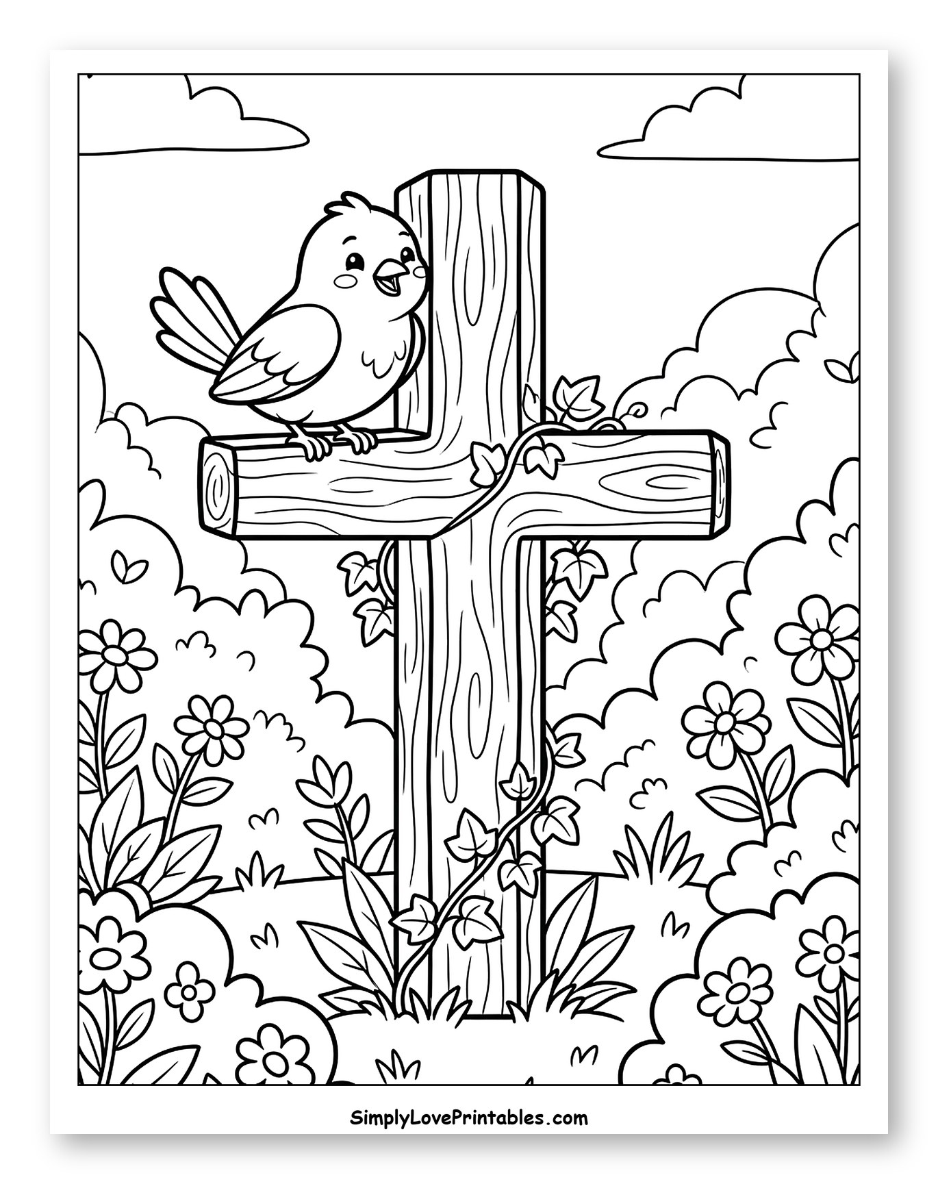Happy Bird on Wooden Cross with Flowers Coloring Sheet for Kids
