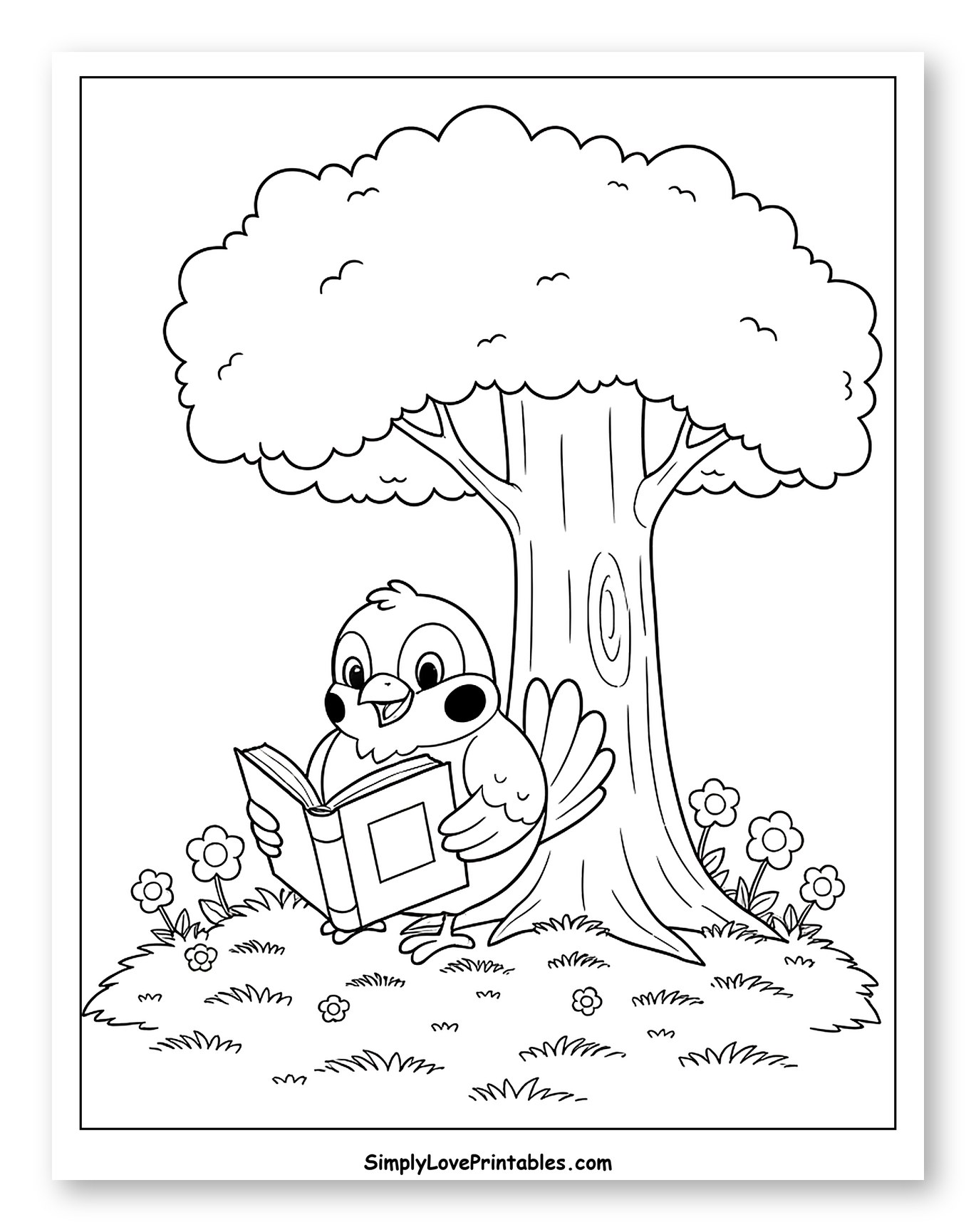 Happy Bird Reading Book Under a Tree Coloring Sheet for Kids