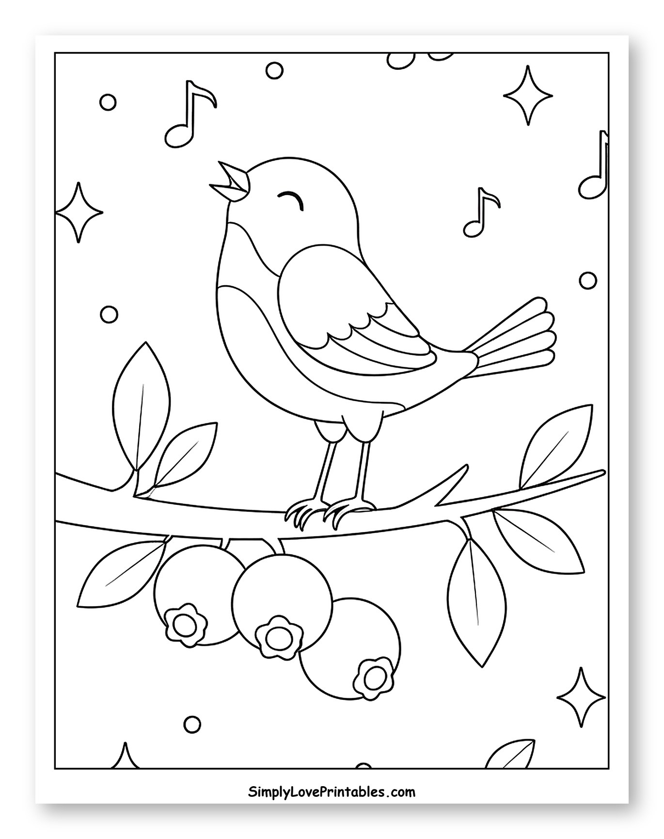 Happy Bird Singing Among Blueberries to Color for Adults