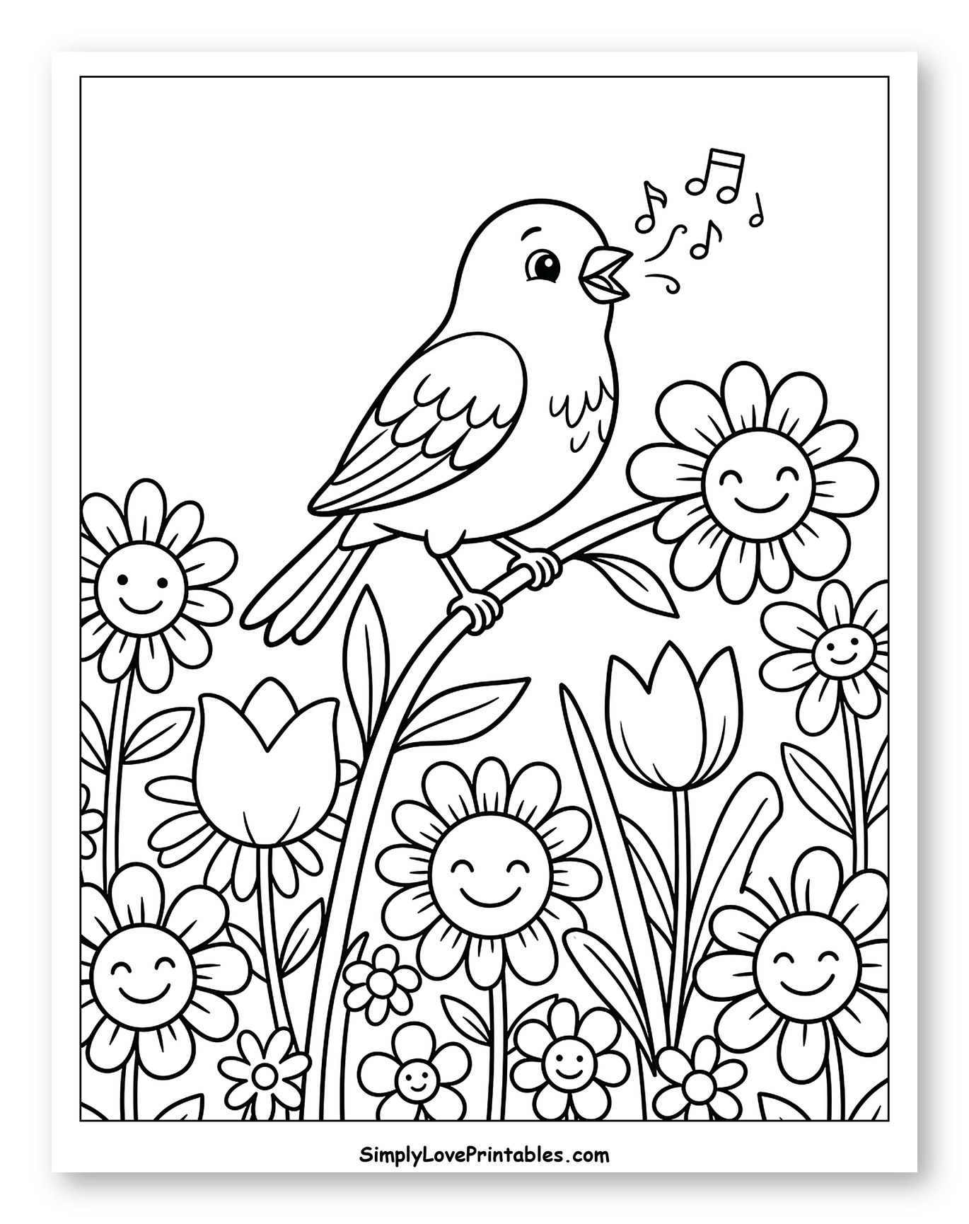 Happy Bird Singing Among Smiling Flowers to Color for Kids