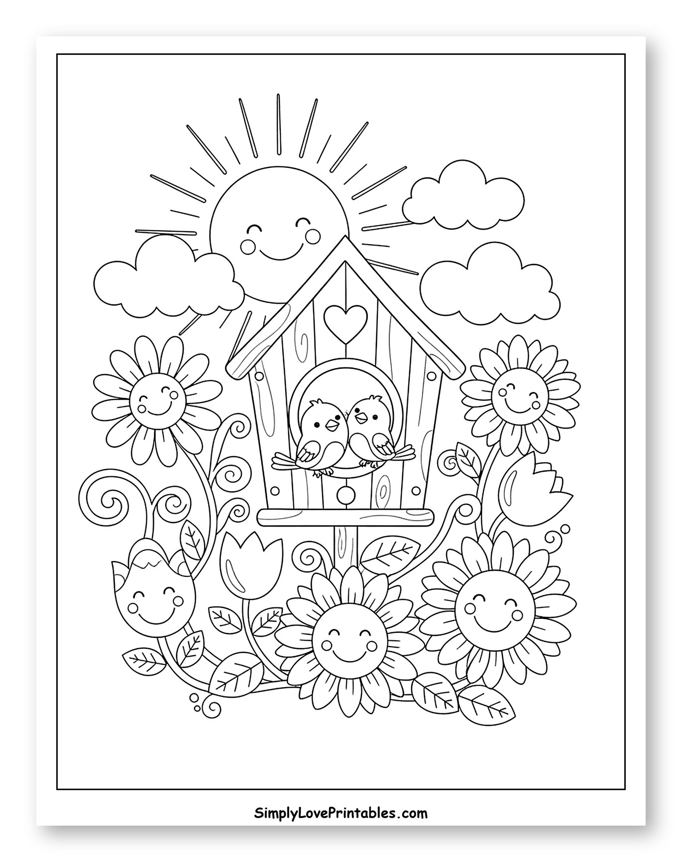Happy Birds in Birdhouse with Smiling Sun and Flowers Coloring Sheet for Kids