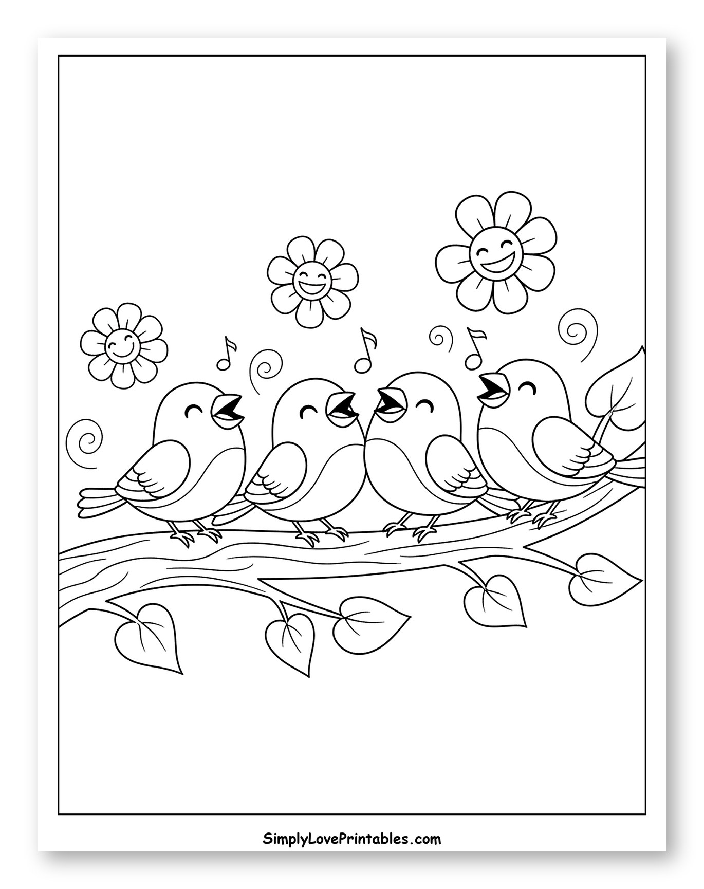 Happy Birds Singing on a Branch with Flowers to Color for Kids