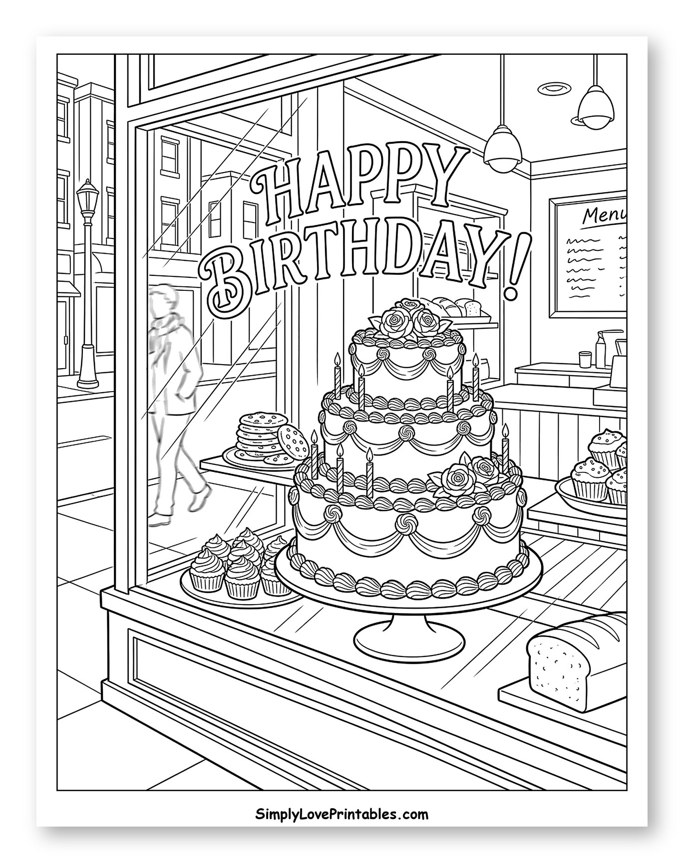 Happy Birthday Cake in Bakery Window to Color