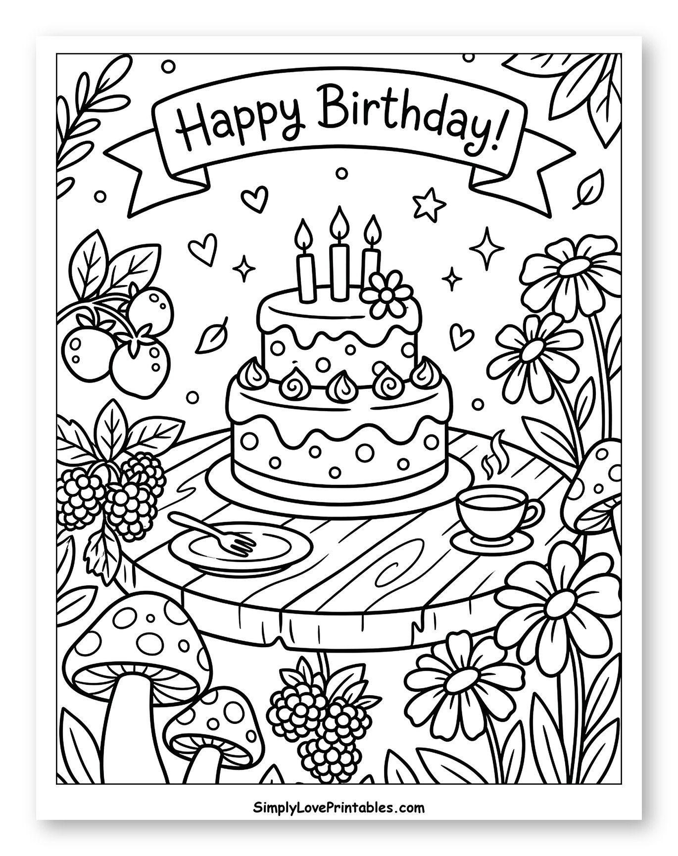 Happy Birthday Cake with Forest Surroundings Coloring Sheet for Adults