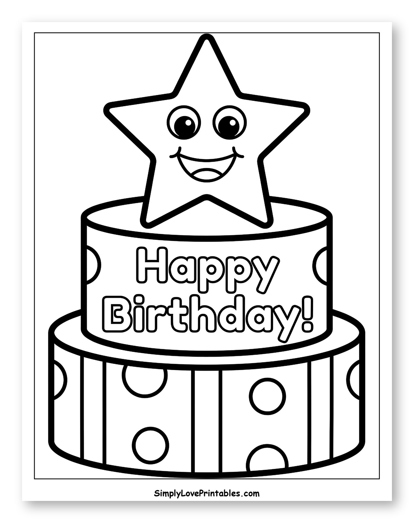 Happy Birthday Cake with Smiling Star Coloring Page for Toddlers