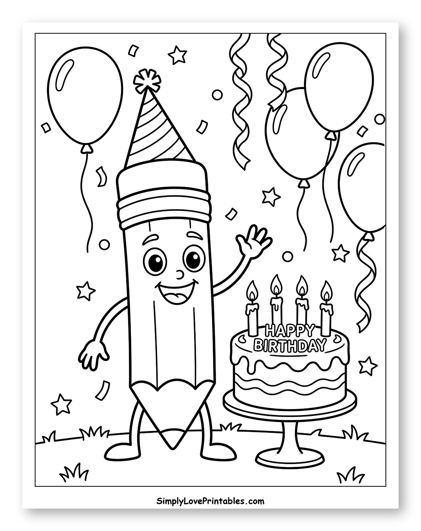 Happy Birthday Pencil with Cake and Balloons Coloring Page for Kids