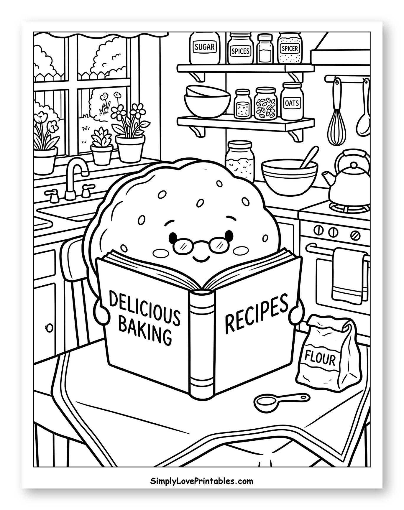Happy Biscuit Character Reading a Baking Cookbook Coloring Sheet for Kids