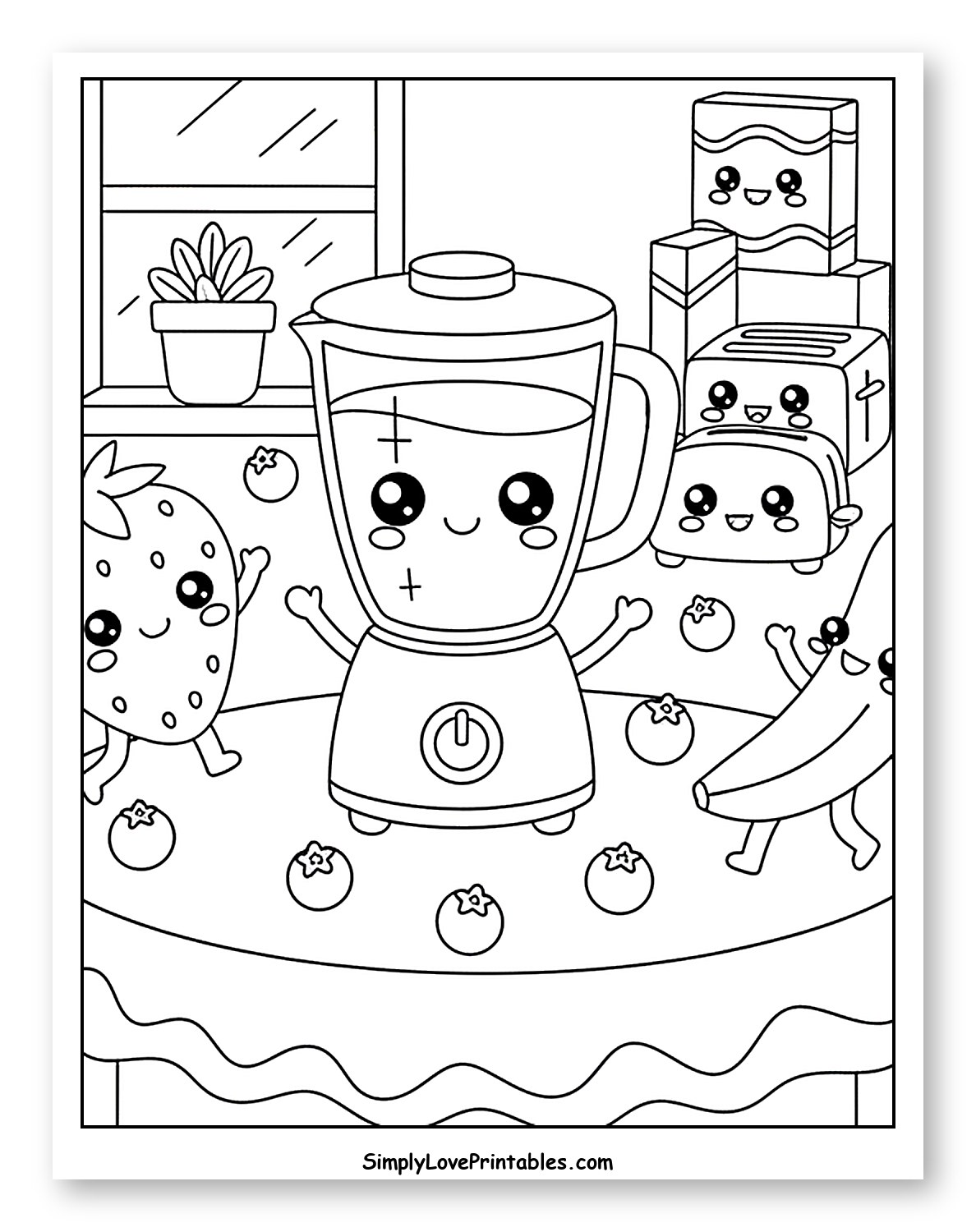 Happy Blender and Fruit Breakfast Scene Coloring Sheet for Kids
