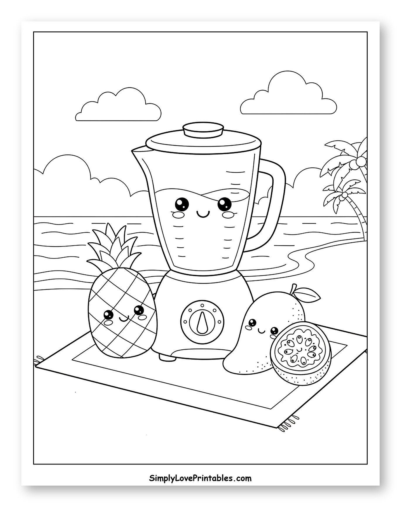 Happy Blender and Tropical Fruits on the Beach