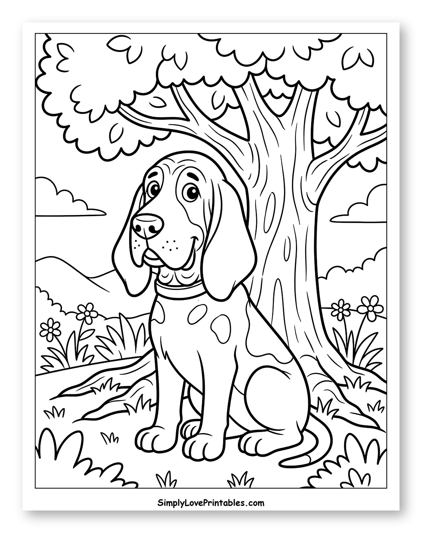 Happy Bloodhound Dog Sitting Under a Tree