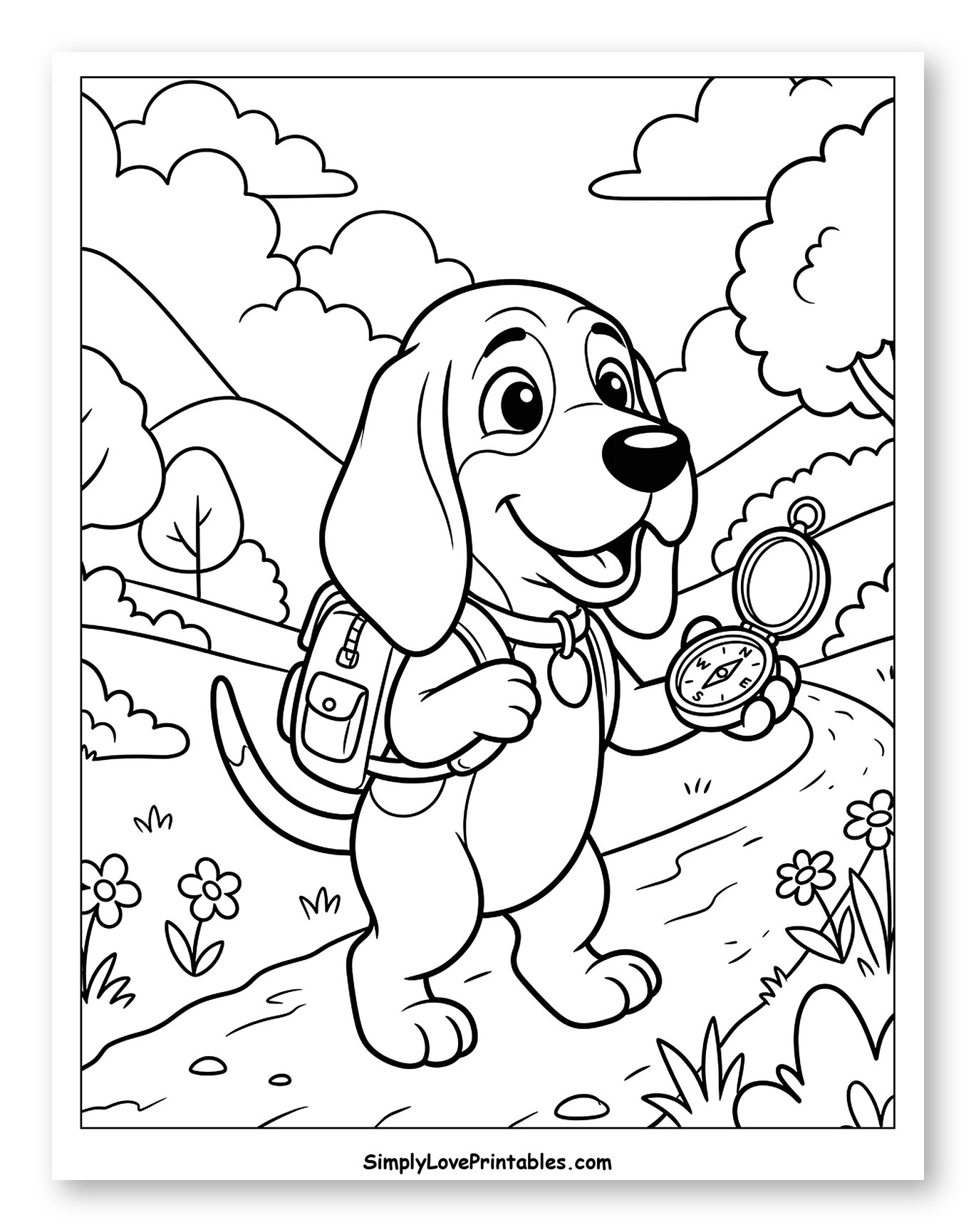 Happy Bloodhound Explorer with Backpack and Compass Coloring Page for Kids