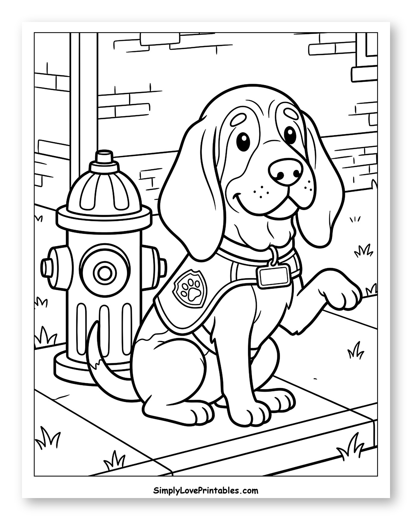 Happy Bloodhound Wearing Vest by Fire Hydrant