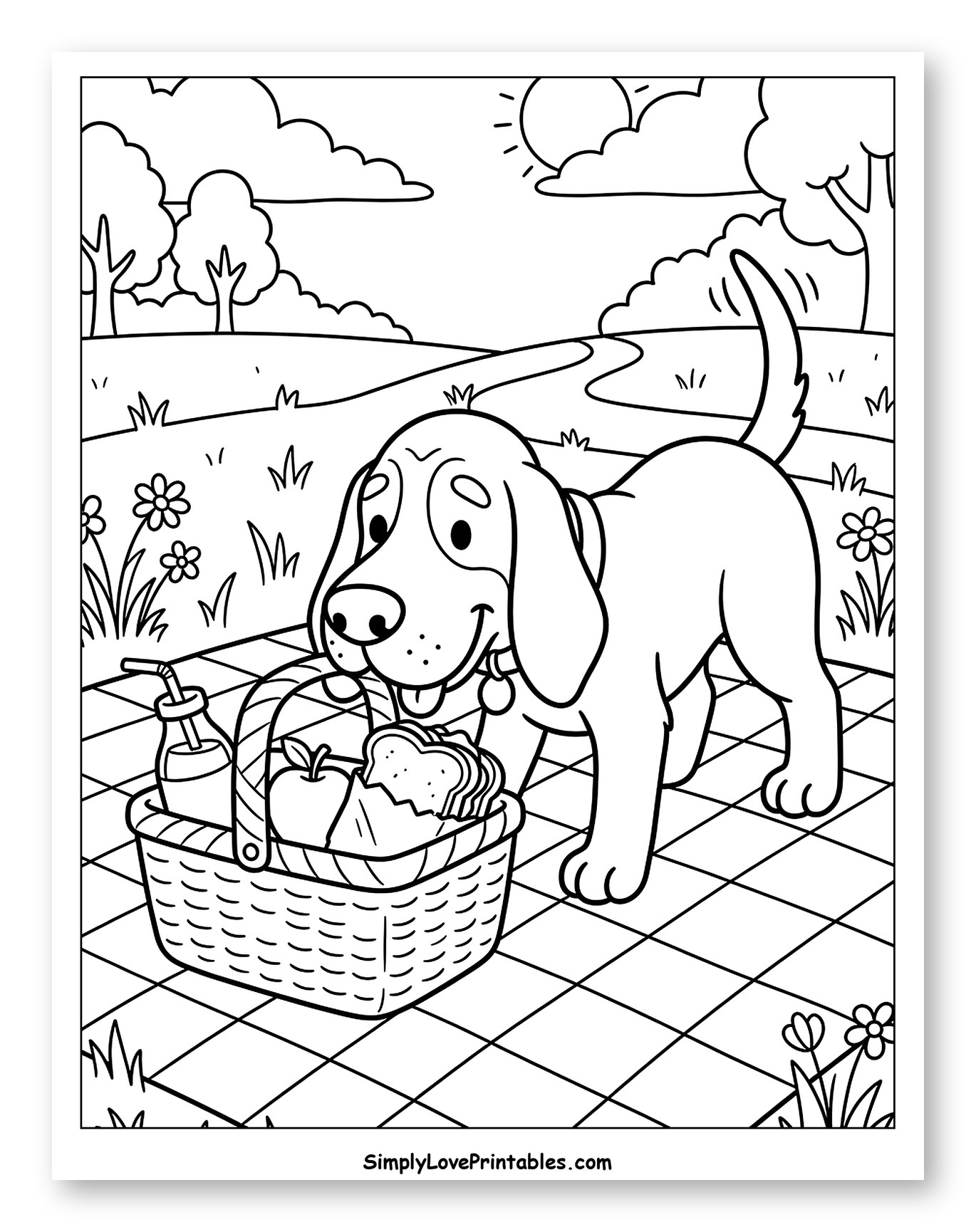 Happy Bloodhound with Picnic Basket Outdoors Coloring Sheet for Kids