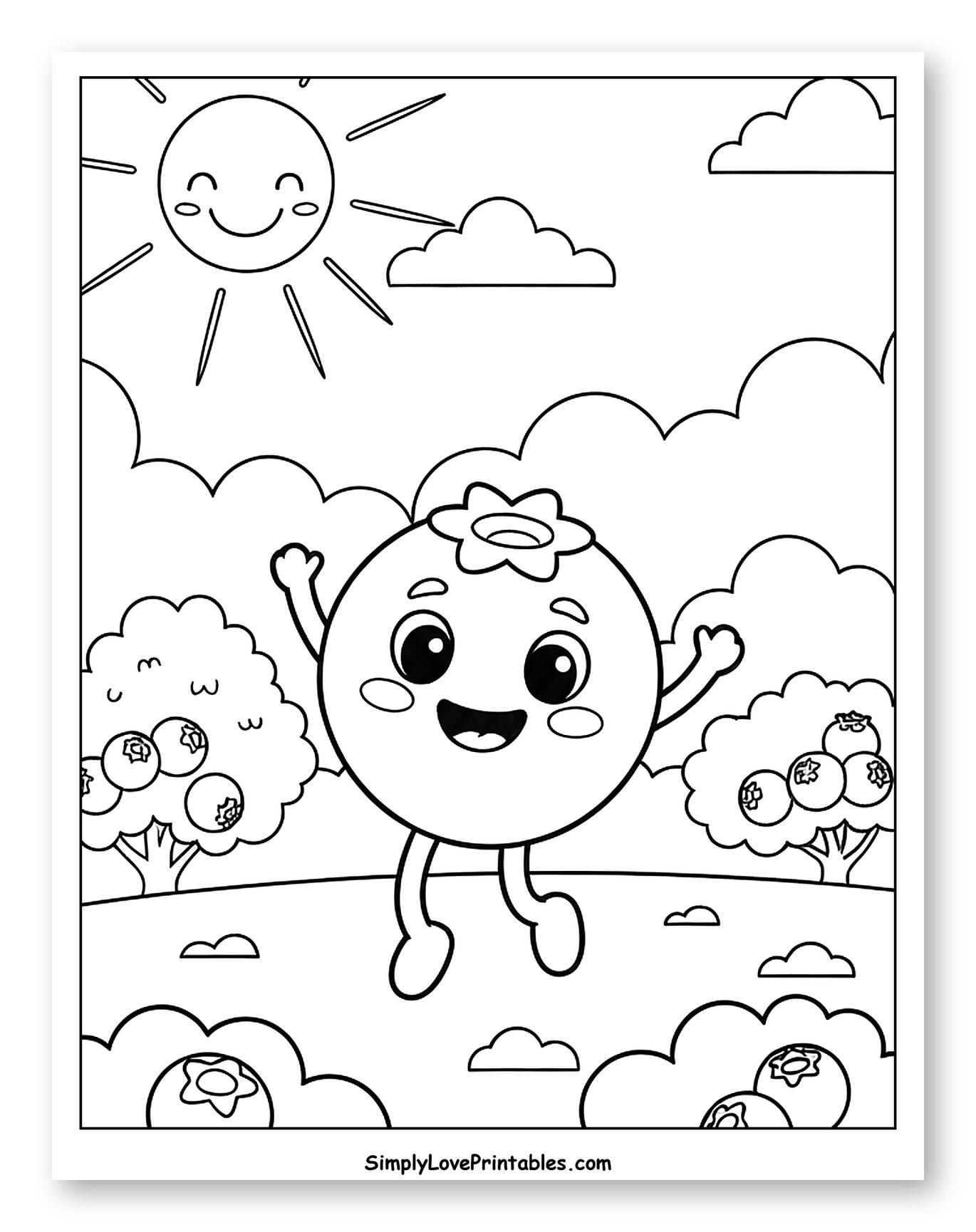 Happy Blueberry Character in a Field Coloring Page for Kids