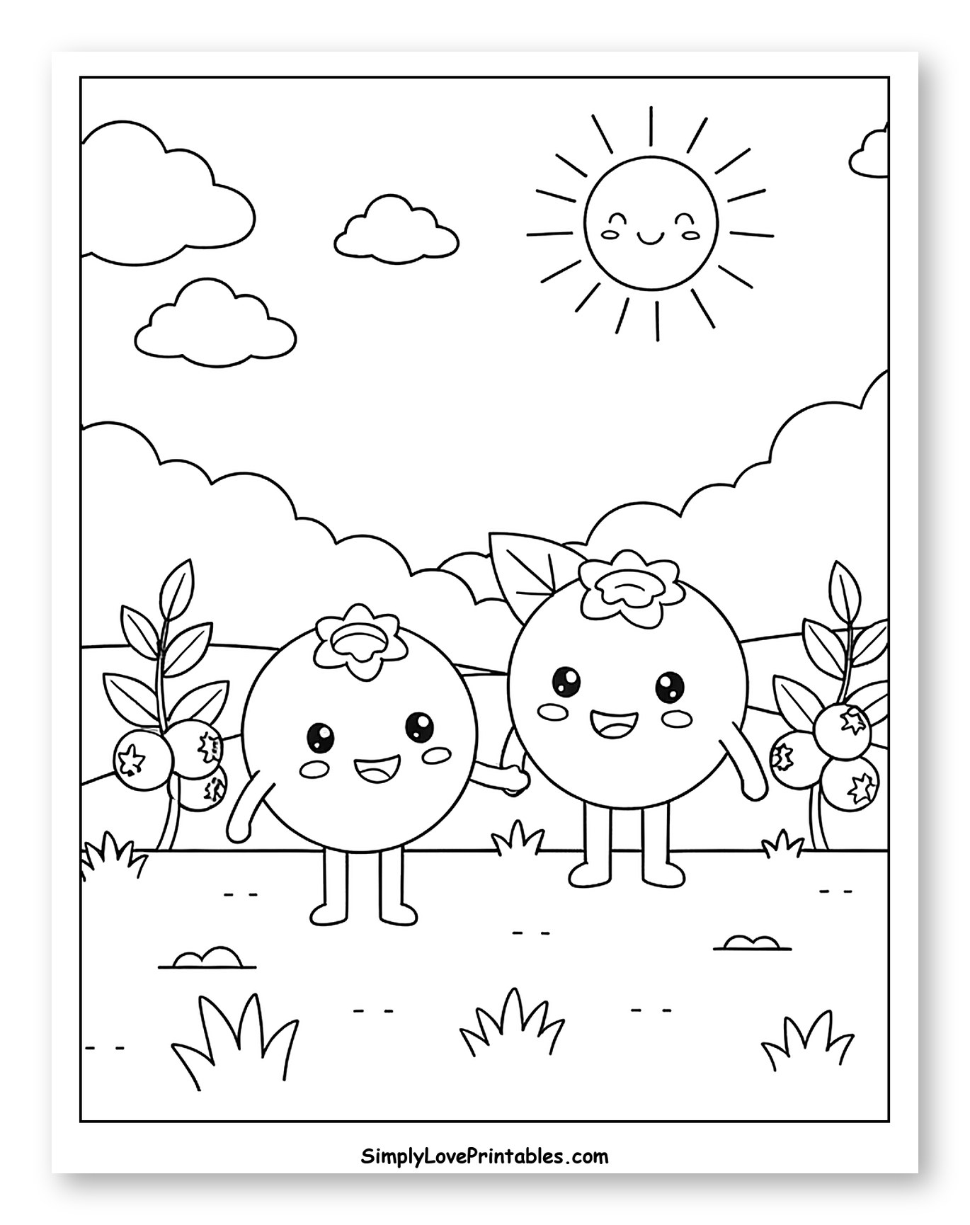 Happy Blueberry Friends in a Sunny Field to Color for Kids