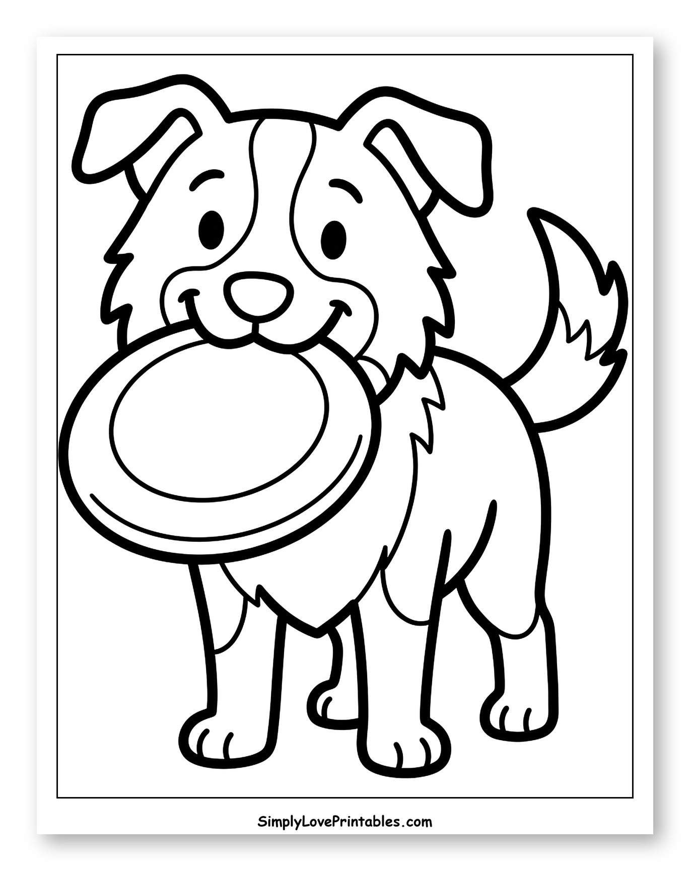 Happy Border Collie Holding a Frisbee Coloring Page for Toddlers