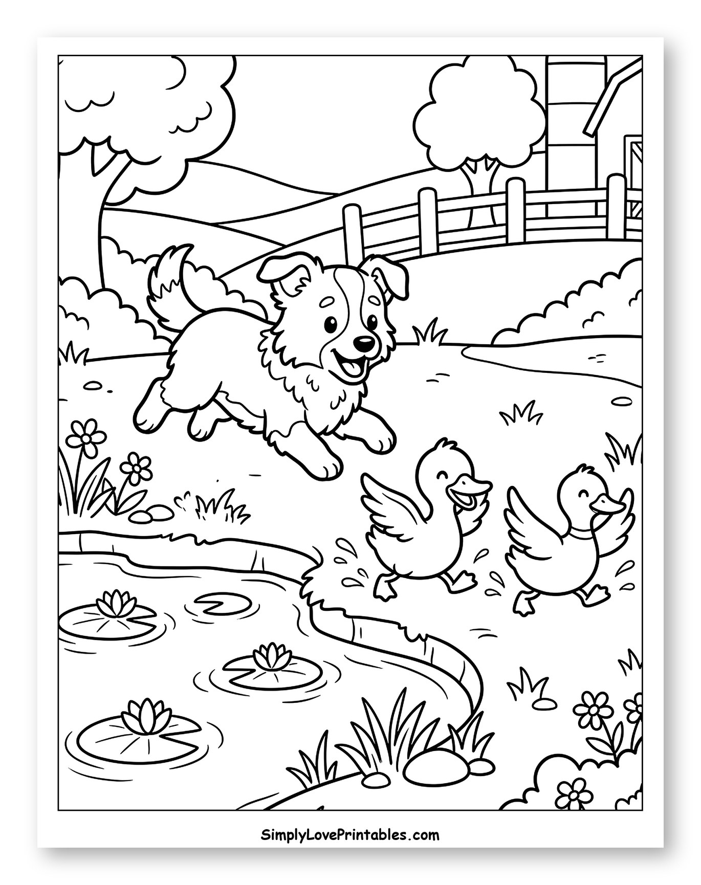 Happy Border Collie Puppy Chasing Ducks by Pond Coloring Sheet for Kids
