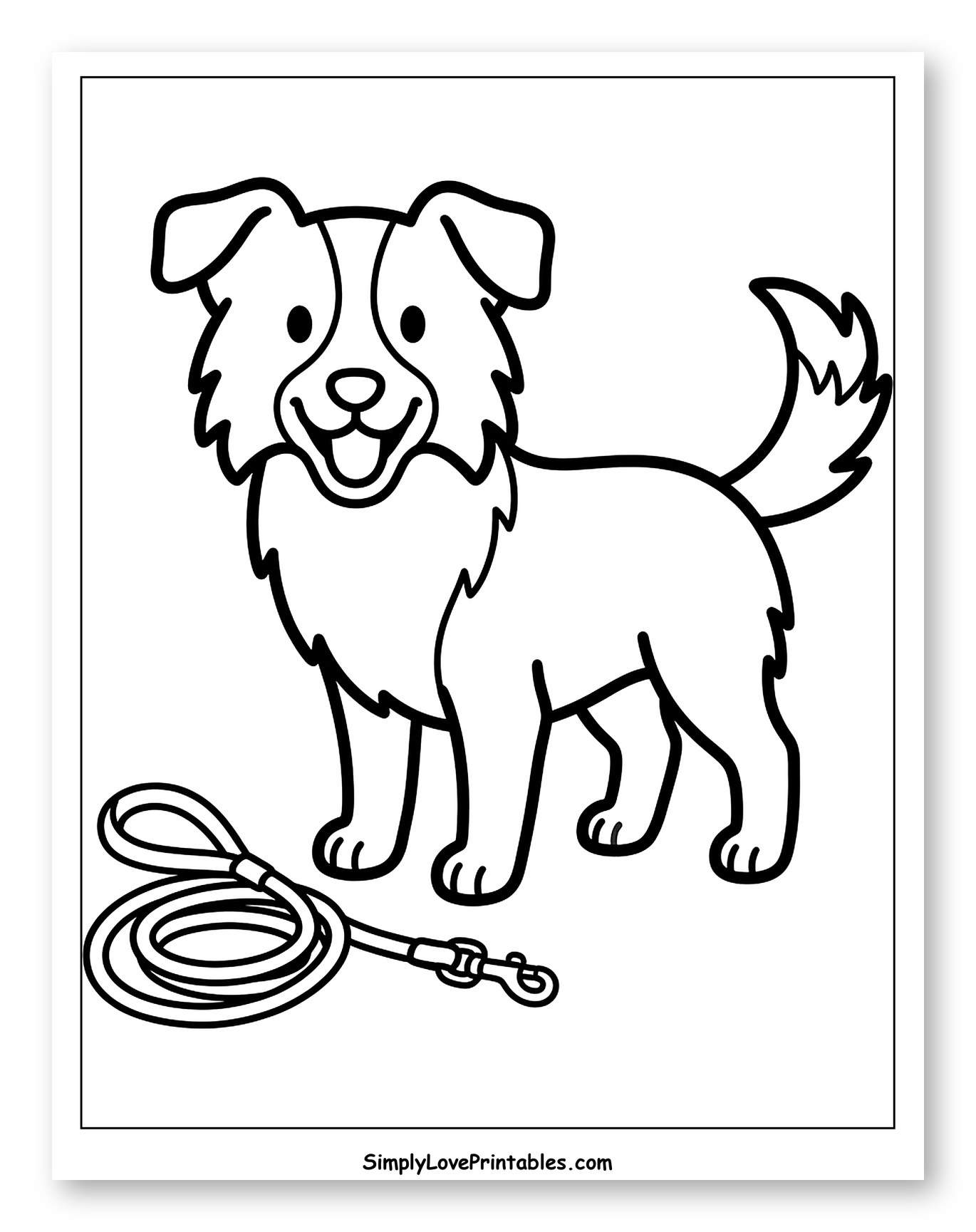 Happy Border Collie Standing by Leash Coloring Page for Toddlers