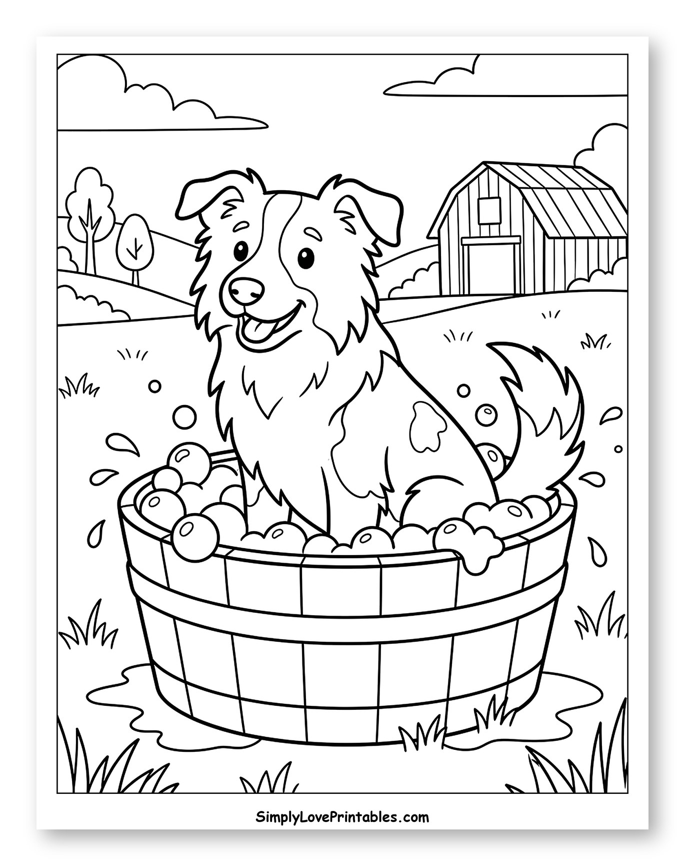 Happy Border Collie Taking a Bubble Bath Outdoors