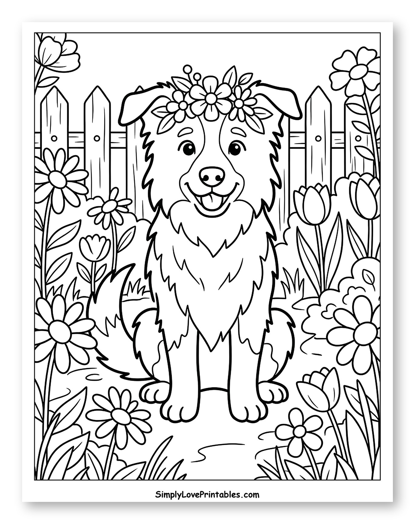 Happy Border Collie Wearing a Flower Crown Coloring Page for Kids