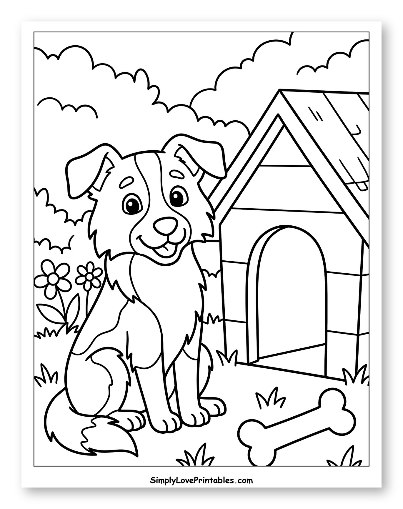 Happy Border Collie with Doghouse and Bone Coloring Page for Kids