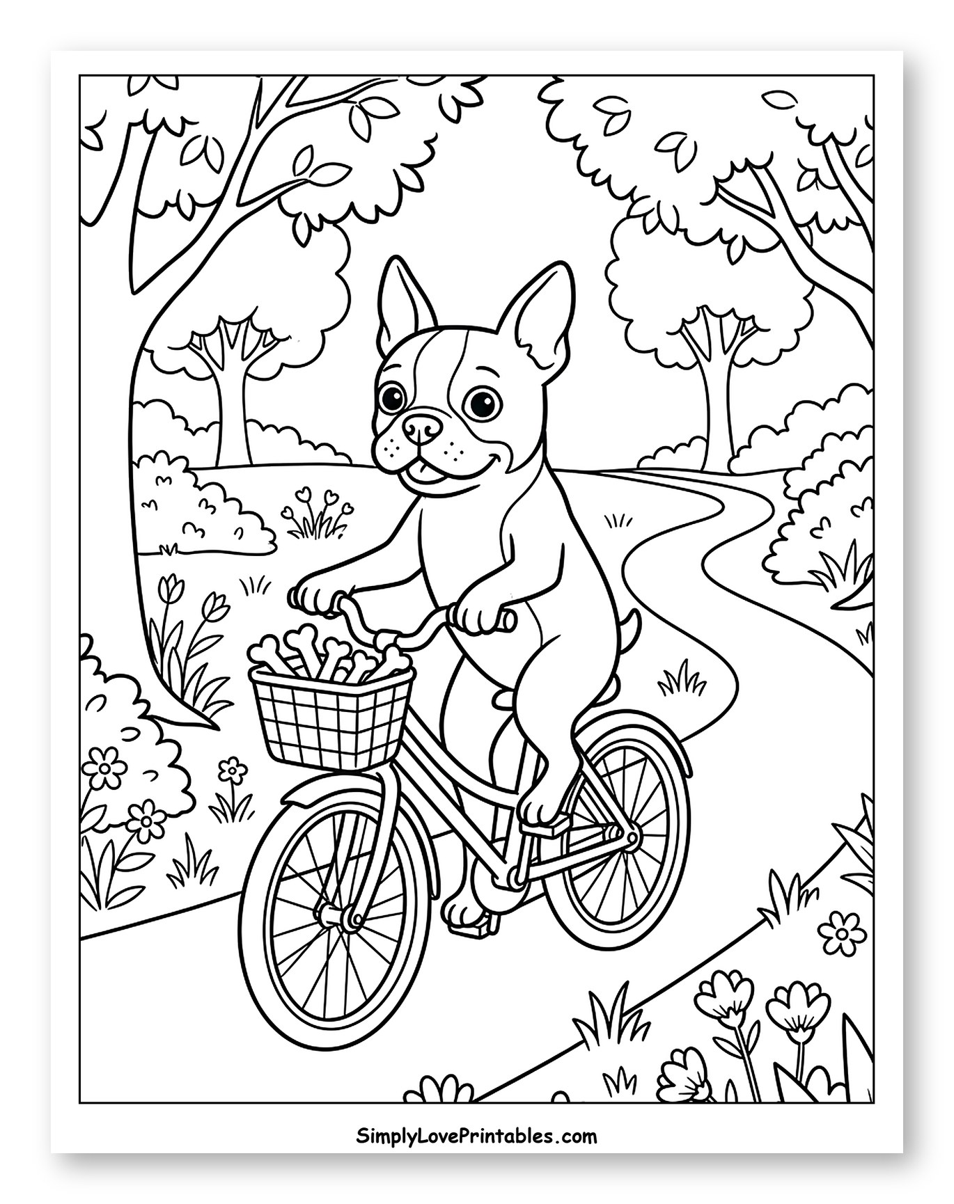 Happy Boston Terrier Biking on a Path to Color for Kids