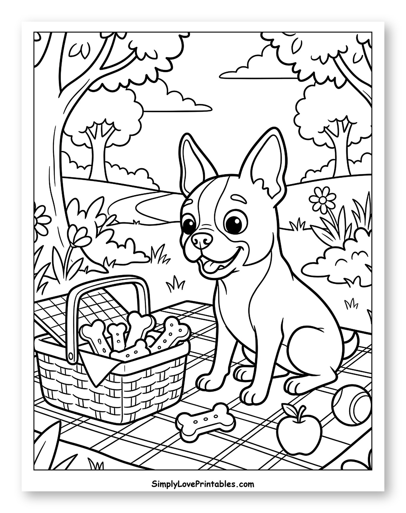 Happy Boston Terrier Dog at a Picnic Coloring Sheet for Kids