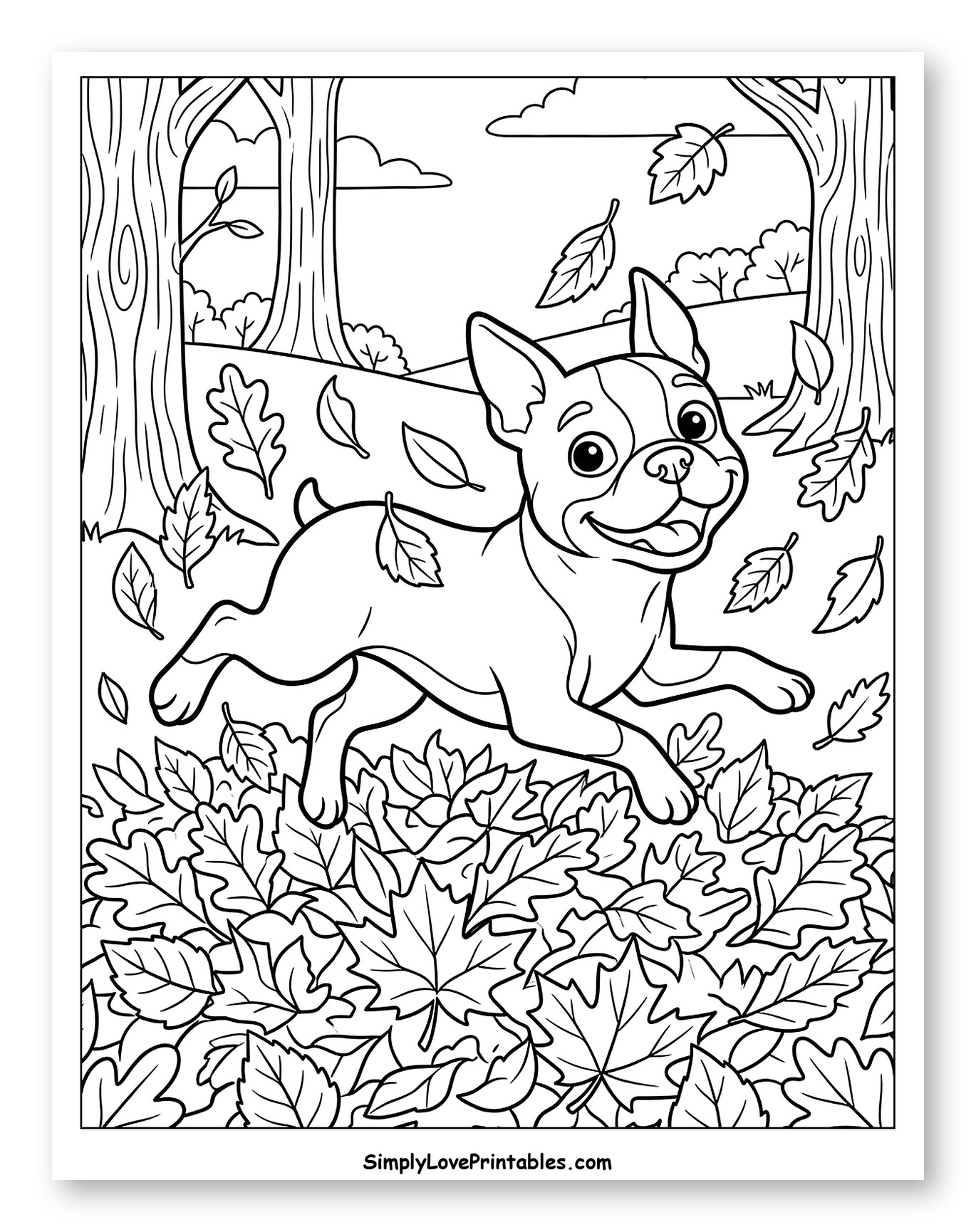 Happy Boston Terrier Dog Playing in Fall Leaves